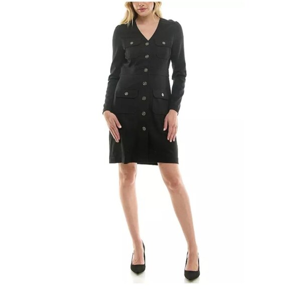Nanette Lepore Womens Black Long Sleeve Ponte Shirtdress Size 8 Utility Chic NEW - Picture 2 of 14